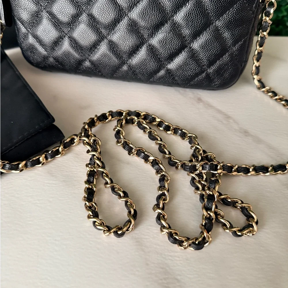 Chanel Black Caviar Quilted Double Zip Clutch with Chain Crossbody Bag Authentic